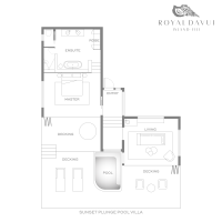 Sunset Plunge Pool Villa floor plan showing one-bedroom layout with ensuite bathroom, separate living pavilion, private plunge pool, and multiple outdoor deck areas.